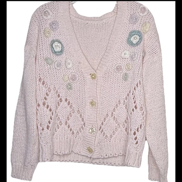 Sweaters - Vintage Knit Peach Embroidered Floral Cardigan Sweater M V-Neck Long Sleeves